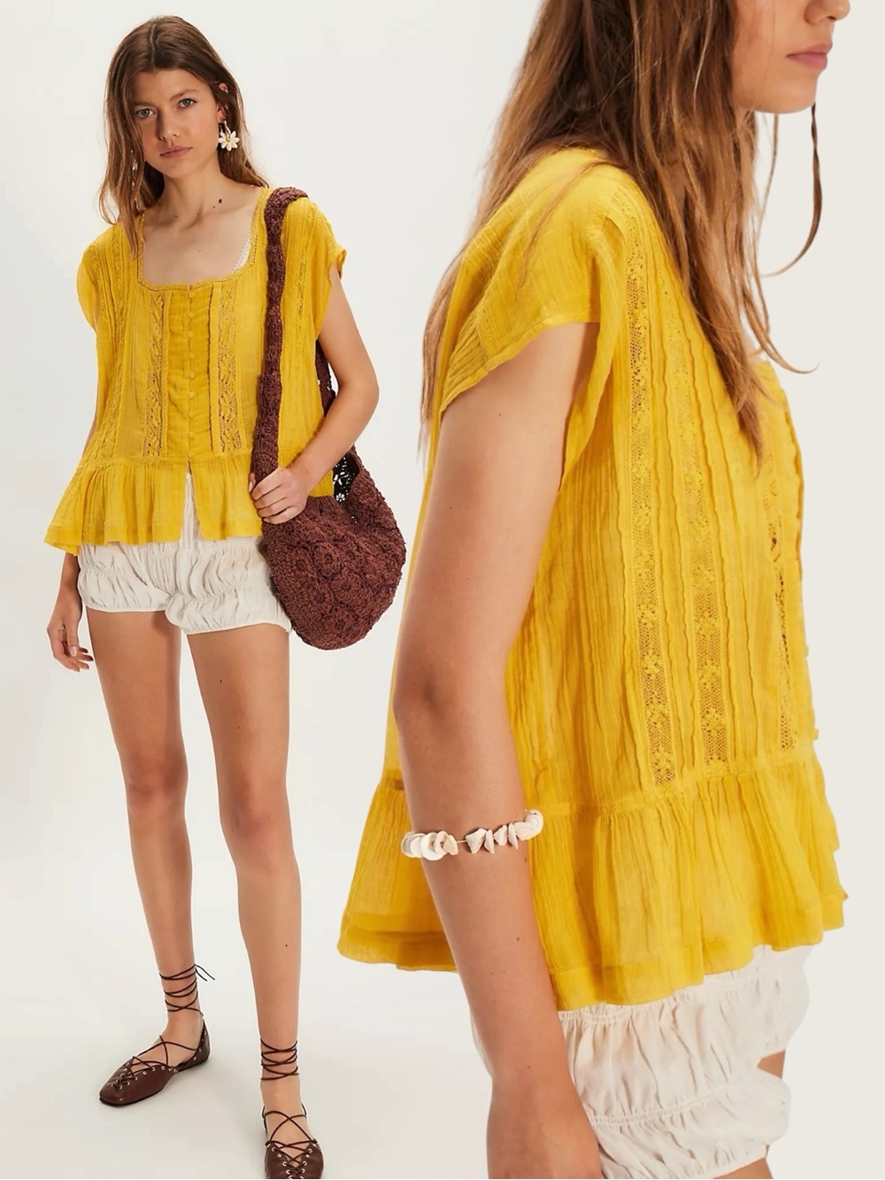 Free People FP One Dainty Ethereal Billowy Georgia Blouse Mustard Yellow Medium